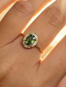 1pc S925 Sterling Silver Vintage Delicate Synthetic Zirconia Olive Green Geometric Ring, Elegant & Charming Daily/Party Wear Bohemian Quality Jewelry For Women - Yellow Gold - View 7
