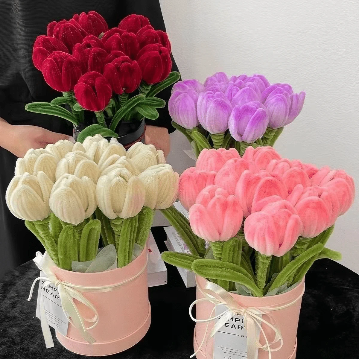1/2/3/4/5/6/7/8件成品管毛絨鬱金香花束，可愛毛絨仿真花，無花粉免維護，永久保存，適合居家辦公室裝飾，送給女友、好朋友的節日禮物，多色可選
