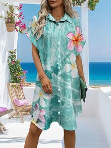 The Pattern Shows Blooming Tropical Plumeria Flowers Floating On Turquoise Ocean Waves Symbolizing Vitality Freedom And Summer Serenity 3D Print Women Shirt Dress Short Sleeve Button Front Casual Beach Outfit - 白色 - 查看 2