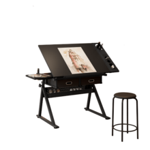 Adjustable Drawing Drafting Table Desk With 2 Drawers For Home Office And School With Stool(Black) - A - View 4
