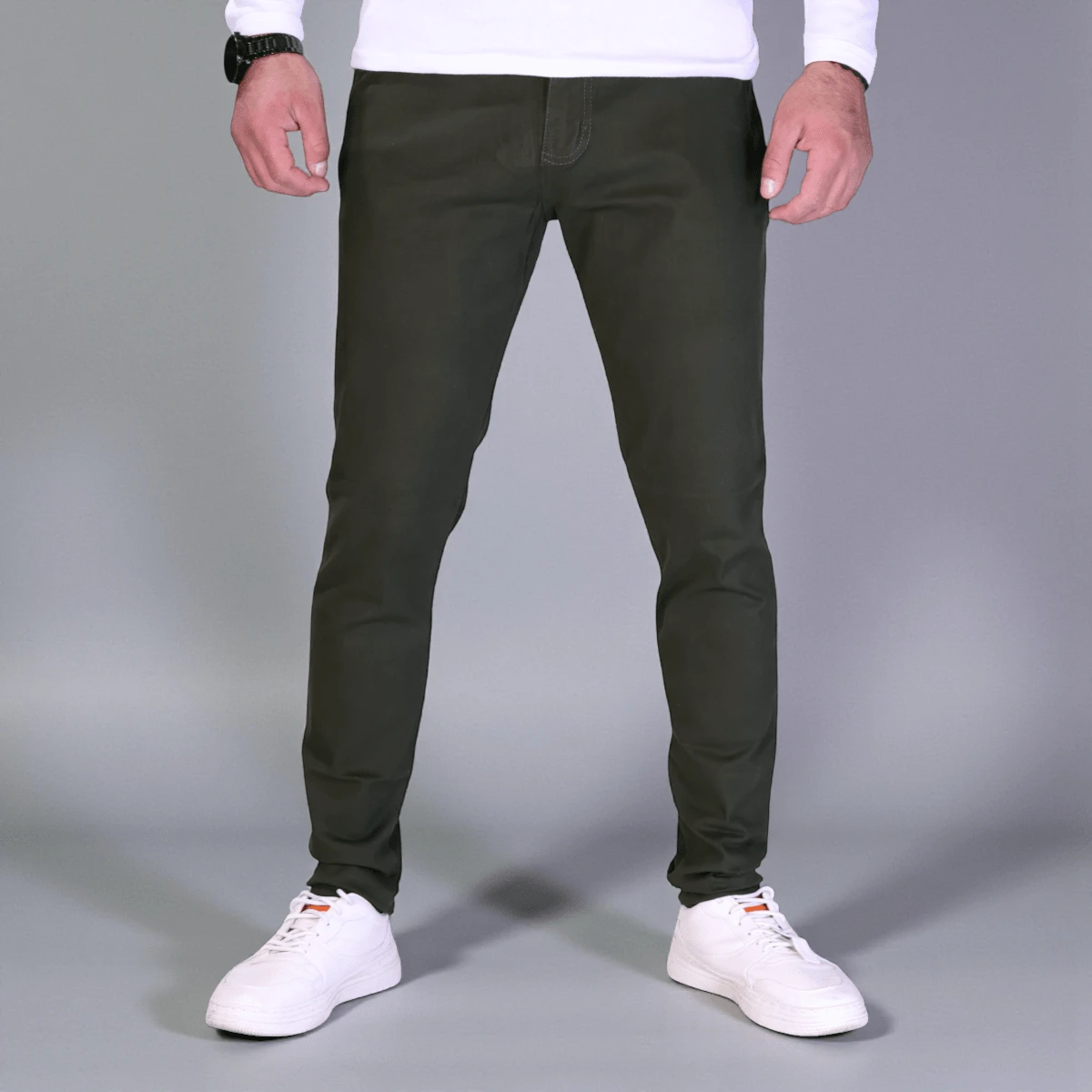 Stretch Gabardine Skinny Pants For Men John Silver - 軍綠色 - 查看 1