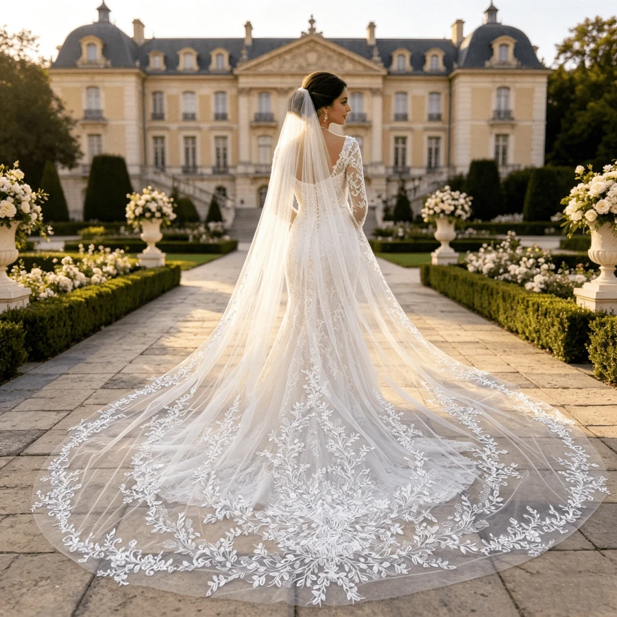 1pc 3 Meters Cathedral Lace Applique Embroidered Bridal Veil With Comb, Suitable For Wedding, Beach Wedding Photography