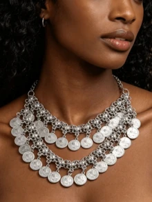 Fashionable Retro Multi-Layer Coin Tasseled Necklace For Women, Casual Beach Accessory Short Necklace - Star - View 12