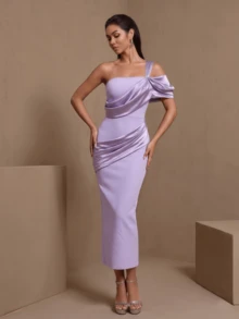 Vestido de fiesta elegante de unicolor con envolvente y plisado en la espalda para boda - Púrpura malva - Ver 2