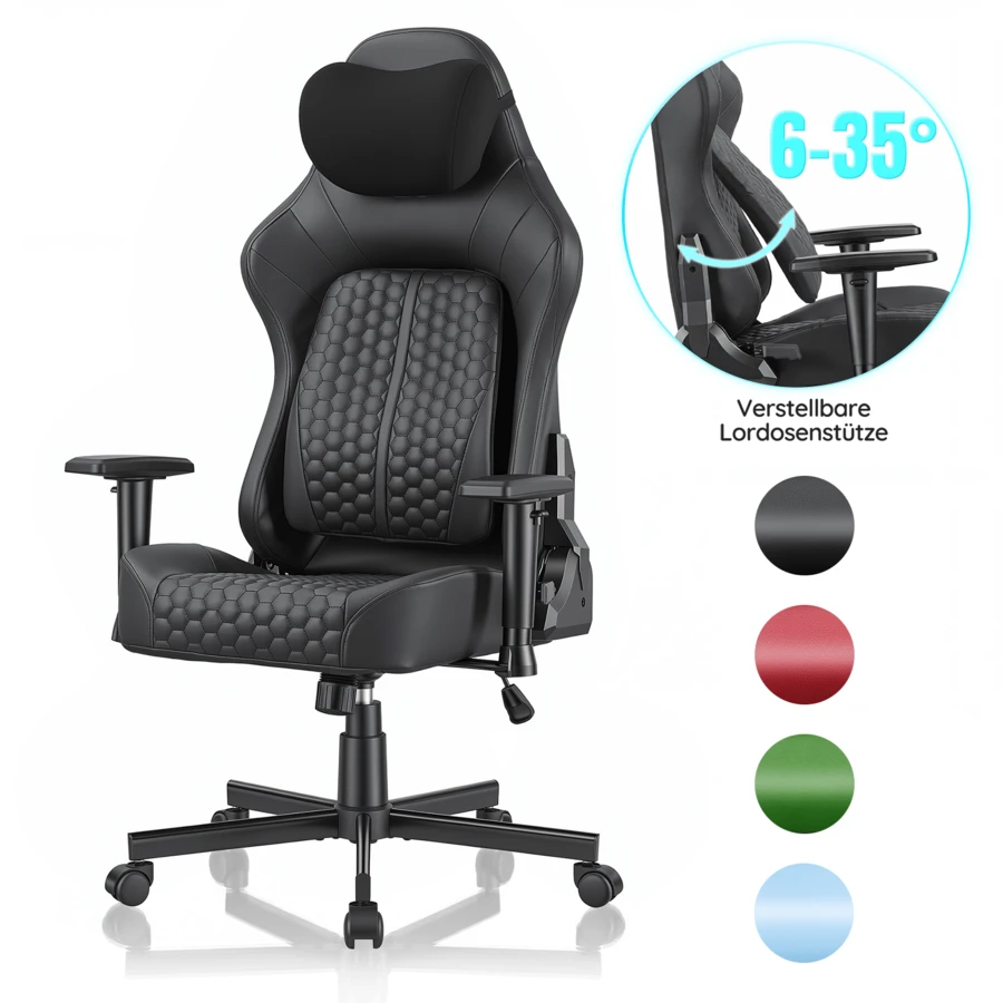 Devoko Gunji Massage Video Game Chair For Adults With Footrest, PU Leather Computer Desk Chair, Adjustable Backrest, High Back Support, Home Office Chair With Headrest And Lumbar Support - Hitam - View 1