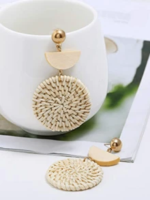 1/2pcs Set Women Summer Handmade Woven Rattan Earrings And Bracelet Set, Circular Pendant Earrings With Matching Bangle - Multicolor - View 5