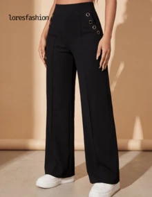 Pantalón de vestir mujer cintura alta pierna ancha stretch crepé casual elegante para oficina reuniones eventos bolsillos pretina elasticada botón forrado antiarrugas sin transparencia suave - Negro - Ver 10