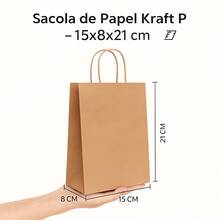 Sacola de Papel Kraft Pequena 21,5x15x8cm Kit com 5 Unidades Ideal Para Presentes Lembrancinhas Embalagens Elegantes Resistentes Sustentáveis Perfeitas Para Festas Eventos e Lojas - Multicolorido - Visão 2