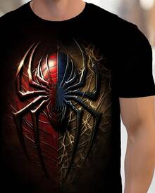 Graphic T-Shirt For Men -T-Shirt With Red And Golden Spider Design, Soft And Breathable Fabric For Daily Streetwear, Comic-Con Outfits - Round-Neck Machine Washable T-Shirt For Young People And Urban Fashion, Casual Wear, Striking Print, Comfortable Fit, Short-Sleeved T-Shirt, Youth Clothing, 100%. GYA8 - 黑色 - 查看 2