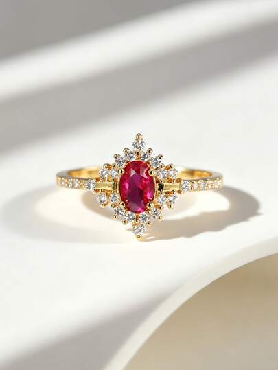 Charm-In Sparkling Starburst Ruby Ring, 18K Gold Plated With Oval Red CZ & Pave Crystal Band, Fashion Statement Ring For Women
