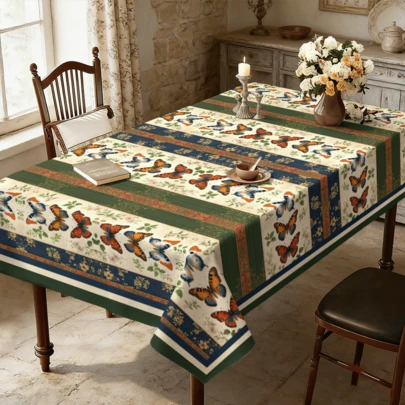 1pc Vintage Butterfly & Floral Pattern Tablecloth, Suitable For Kitchen, Living Room, Dining Room And Cafe, Also Suitable For Outdoor Picnic And Party Decor, Elegant Natural Design Adds Artistic Atmosphere To Space.