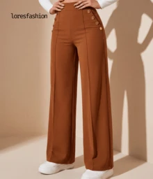 Pantalón de vestir mujer cintura alta pierna ancha stretch crepé casual elegante para oficina reuniones eventos bolsillos pretina elasticada botón forrado antiarrugas sin transparencia suave - Café integral - Ver 11