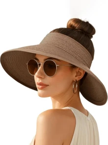 Women's Wide Brim Straw Hat, Sun Visor Hat, Ponytail Hat, Foldable Soft Hat - A - View 10