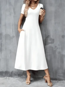Women's White V Neck Short Sleeve A-Line Midi Dress With Pockets Beach Cover Up Graduation Bridal Flowy Sundress - White - View 3