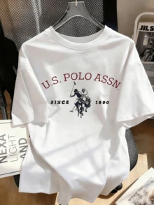 女款復古 Polo 馬匹印花短袖 T 恤，寬鬆圓領休閒上衣，日常穿著，街頭風，夏季出遊，度假白色，西式 - 白色 - 查看 5