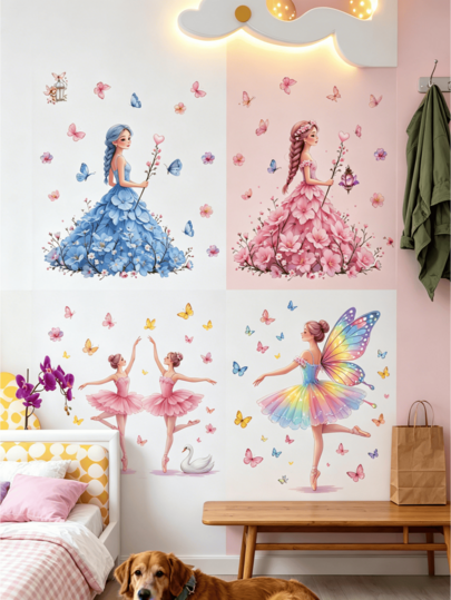 [4 Styles Available] Watercolor Handpainted Ballerina Princess Wall Stickers, Inspiring Girlish Dreams, Suitable As Photo Backdrop, Fits Ins, Nordic, Princess, Forest Styles, PVC Material Waterproof Removable, Applicable For Girls Bedroom, Princess Room, Kids Room, Kindergarten, Dance Studio To Create Dreamy Fairytale Atmosphere.