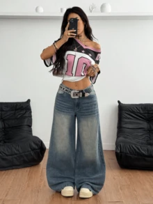 Women's High Waisted Loose Wide Leg Black Jeans, Summer Loose Plus Size Denim Pants, Casual And Elegant Daily Pants # Wide Leg Jeans # Women's Summer Jeans # Loose Jeans - 深色水洗藍 - 查看 5