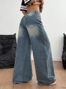 Women's High Waisted Loose Wide Leg Black Jeans, Summer Loose Plus Size Denim Pants, Casual And Elegant Daily Pants # Wide Leg Jeans # Women's Summer Jeans # Loose Jeans - 深色水洗藍 - 查看 2