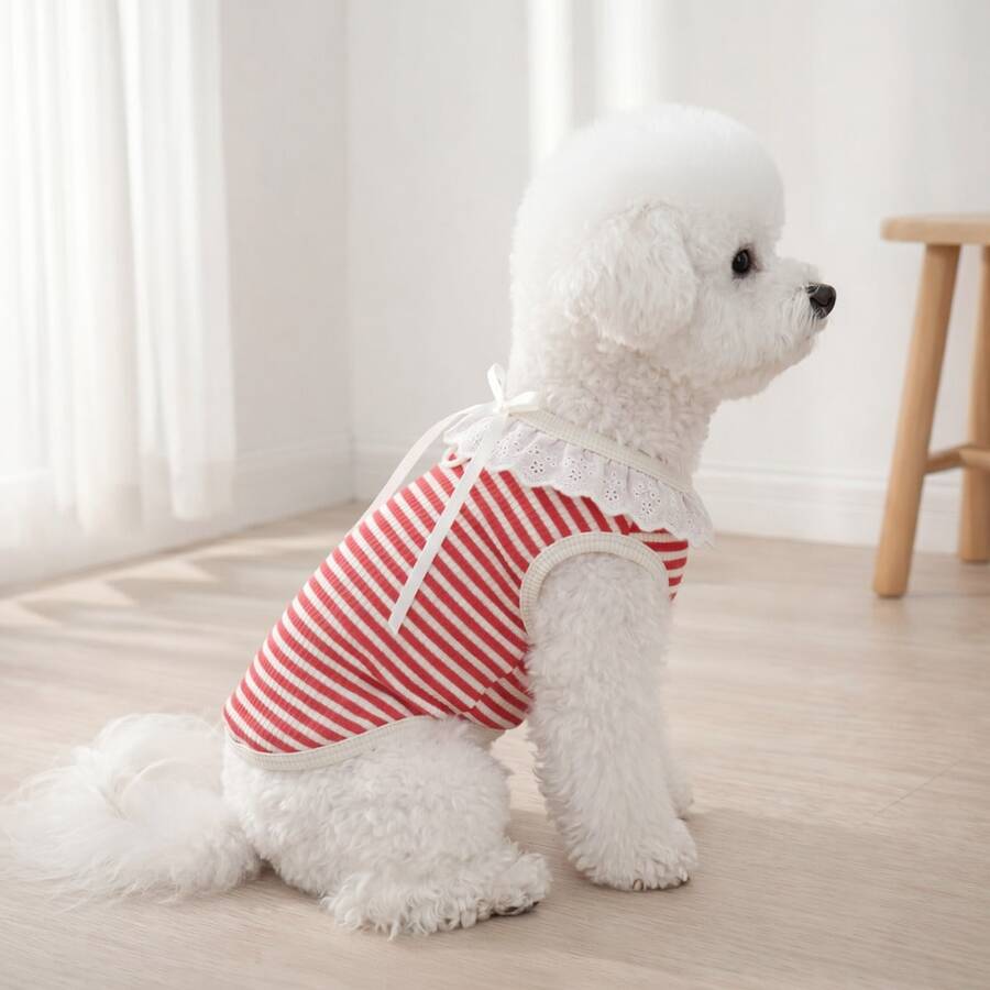 Bowknot Lace Trim Pet Vest, Striped Breathable Pet Clothing, Elastic Rib Fabric, Spring/Summer Pet Vest - Red - View 1
