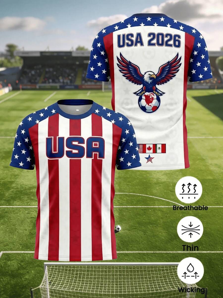 Summer Men'S Short-Sleeve-Shirt,% Polyester Fabric, Red-White Stripes Soccer Decor, Breathable Wicking, Top Suitable Soccer Viewing, Daily Leisure And Other Wearing Scenarios - 混合色 - 查看 1