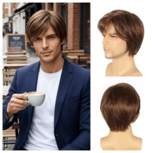 Peluca de hombre de 6 pulgadas con cabello corto texturizado marrón - Cabello resistente al calor con gorra de red de rosa, adecuada para el uso diario y el peinado en el trabajo - Marrón - Ver 9