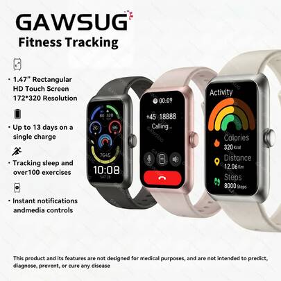 Gawsug 1,47 inç Dokunmatik Ekranlı Akıllı Bileklik, Kablosuz BT 5.3 Fitness Takip Cihazı, Çoklu Spor Modları, Uzaktan Kamera Kontrolü, Çağrı Hatırlatıcısı, Kadınlar ve Erkekler İçin Çok Fonksiyonlu Fitness Bilekliği