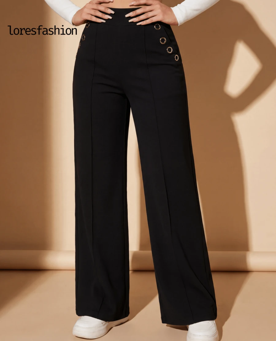 Pantalón de vestir mujer cintura alta pierna ancha stretch crepé casual elegante para oficina reuniones eventos bolsillos pretina elasticada botón forrado antiarrugas sin transparencia suave - Negro - Ver 1