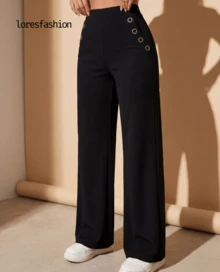 Pantalón de vestir mujer cintura alta pierna ancha stretch crepé casual elegante para oficina reuniones eventos bolsillos pretina elasticada botón forrado antiarrugas sin transparencia suave - Negro - Ver 2