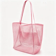 1件装女士米色、棕色、粉色、黑色、蓝色格纹编织沙滩度假可折叠手提包，大容量简约多功能旅行收纳单肩包，波西米亚风假日手提包 - 查看 16