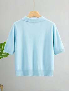GIGOGOU Áo thun dệt kim tay ngắn dành cho nữ, áo len cổ polo mềm mại, thoải mái, thích hợp cho mùa xuân/hè. - Màu xanh lam - Xem 4