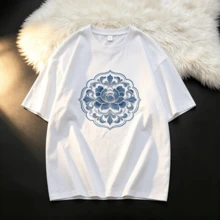 Cotton T-Shirt With Intertwined Lotus Flower Design - 白色 - 查看 1