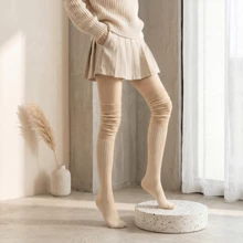 女童针织长款过膝袜，宽松袜口时尚过膝长筒袜 - 卡其色 - 查看 1
