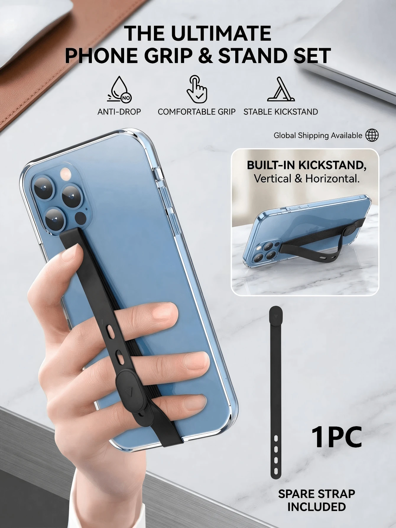 Cordón ajustable anti-caída para teléfono, soporte de silicona para teléfono, correa para la muñeca, aro de agarre universal para teléfono, apto para iPhone y teléfonos Android - Multicolor - Ver 1