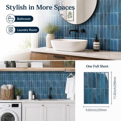 10 pièces Autocollants muraux 3D en cristal autoadhésifs de style minimaliste bleu et blanc, style Ins, aspect céramique fait main. Décalcomanies pour dosseret de cuisine, imperméables et amovibles, conviennent pour la salle de bain, la cuisine, la buanderie, le bar, le camping-car, la rénovation de la décoration de la maison. Taille : 23 x 29 cm
