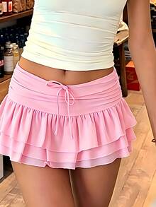 Faldas pantalón cortas de mujer, color liso, talle bajo, con volantes en el bajo, estilo casual de verano. - Rosa - Ver 4