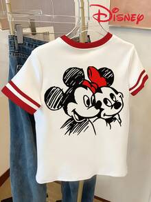 Disney Women's Y2K Color-Block T-Shirt - Casual Tee, Disney-Themed Short-Sleeve Shirt With Minnie Print - Daily And Party Wear - Women's Birthday Gift - Essential For All Seasons, Seasonal Fashion, Stylish Women's Shirt, Valentine's Day - trắng - Xem 3