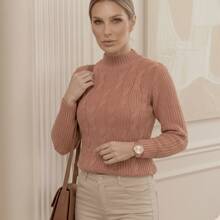 Women's Long-Sleeved Knit Sweater With Premium Collar - 珊瑚粉 - 查看 5