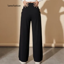 Pantalón de vestir mujer cintura alta pierna ancha stretch crepé casual elegante para oficina reuniones eventos bolsillos pretina elasticada botón forrado antiarrugas sin transparencia suave - Negro - Ver 5