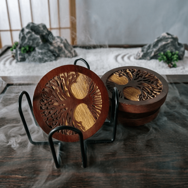 Conjunto de Porta-copos Rústico Árvore da Vida - 4 Porta-copos de Madeira com Suporte de Metal, Ideal para Entretenimento de Verão, Dia dos Pais, Presentes de Formatura, Volta às Aulas, Lembrancinhas de Casamento