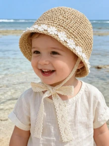 Mũ chống nắng ren hoa mùa hè cho bé gái, mũ chống nắng thường ngày đi biển. - Những bông hoa nhỏ màu trắng - Xem 1