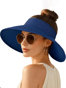 Women's Wide Brim Straw Hat, Sun Visor Hat, Ponytail Hat, Foldable Soft Hat - A - View 12