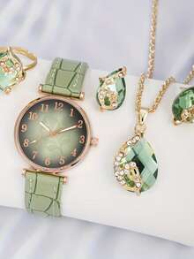 4pcs/Set Elegant Leaf Pattern Dial Quartz Watch Set For Women - one-size - View 1