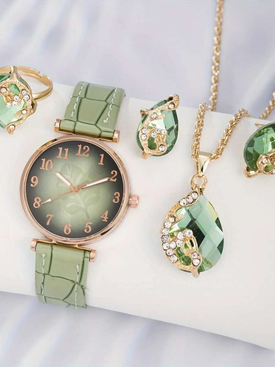 4pcs/Set Elegant Leaf Pattern Dial Quartz Watch Set For Women - one-size - View 1