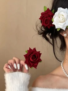 Elegante fermaglio per capelli a forma di rosa, accessorio per capelli floreale 3D realistico adatto a donne e ragazze, ideale per matrimoni, feste, balli flamenco, vacanze al mare, decorazione per capelli estiva, mollette - Rosso - Visualizzare 2