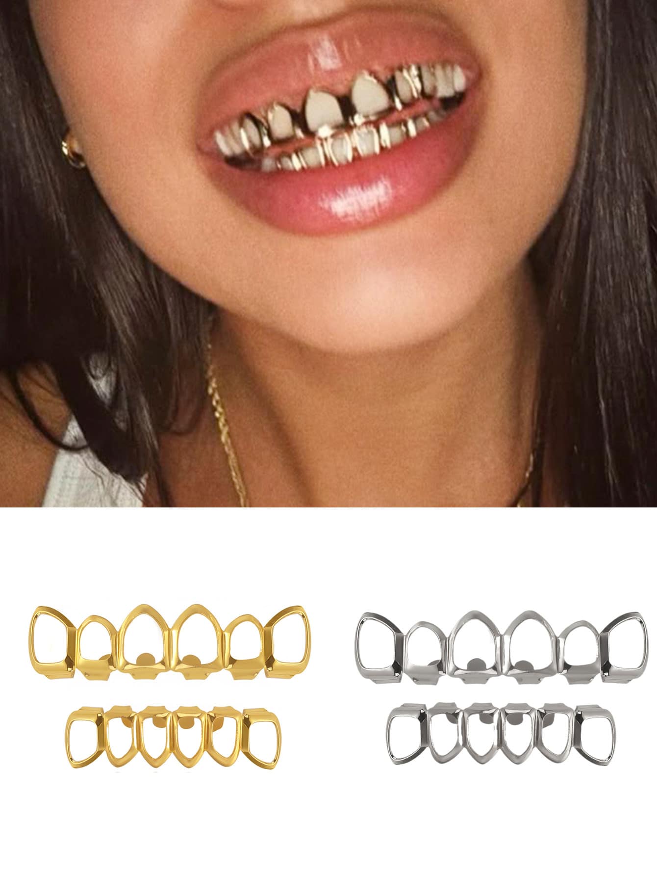1 Set Classic Hollow-Out 6-Tooth Smooth Dental Grillz, Funny Party Accessory, Photography Prop - Multicolor - View 1