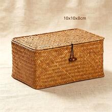 1 pieza Cesta de almacenamiento rectangular de ratán con tapa, caja de almacenamiento tejida de ratán, contenedor de almacenamiento multiusos, adecuado para juguetes, dormitorio, baño, cocina, decoración del hogar, regalo de Año Nuevo, Día de San Valentín - Marrón - Ver 6