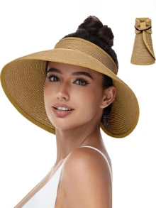 Women's Wide Brim Straw Hat, Sun Visor Hat, Ponytail Hat, Foldable Soft Hat - A - View 4