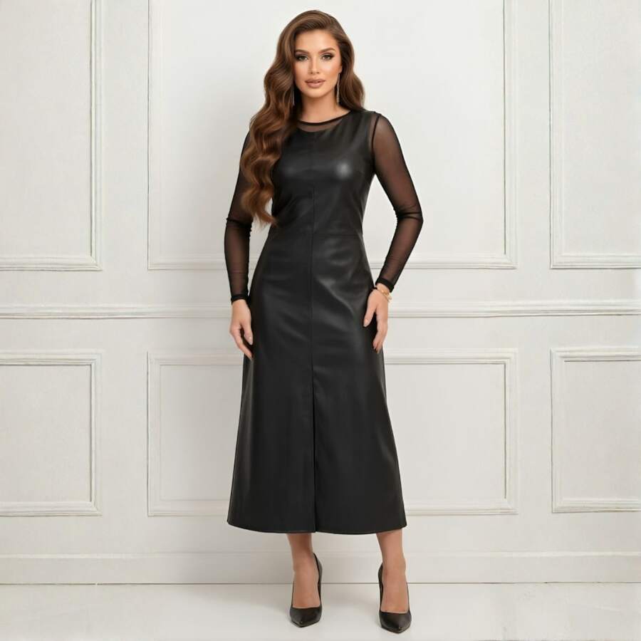 Tulle Bodysuit And Leather Midi Dress Set, Evangelical Fashion, Autumn Style - 黑色 - 查看 1