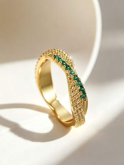 Charm-In 18K Gold Plated Twisted Curb Chain Ring, Pave Green CZ Accents, Stackable Statement Jewelry For Women
