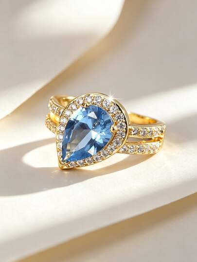Charm-In 18K Gold Plated Teardrop Blue Sapphire CZ Ring, Halo & Double Band Clear Crystal Accents, Statement Jewelry For Women